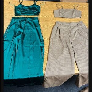 Jade green Satin & tan two piece wide leg suit